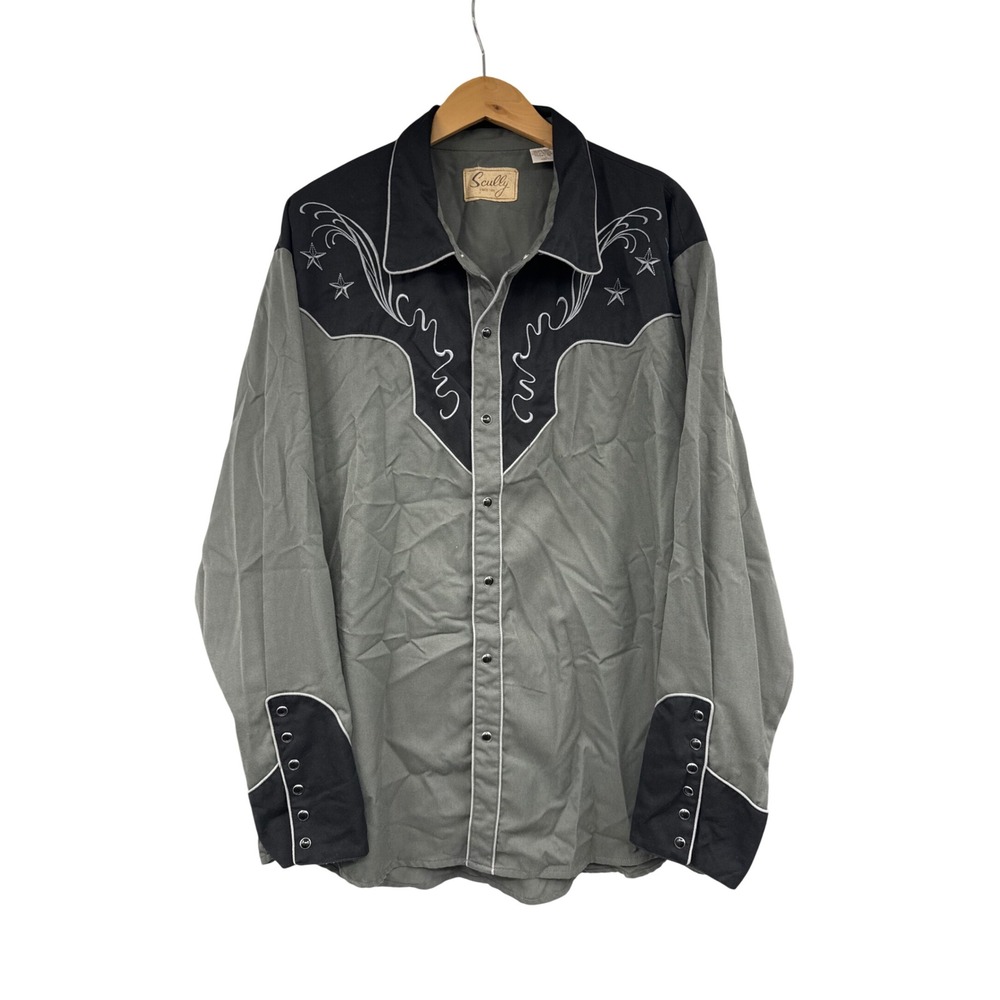 Scully Mens Western Snap Shirt XXL Grey Black Embroidered Cross Stars Rodeo